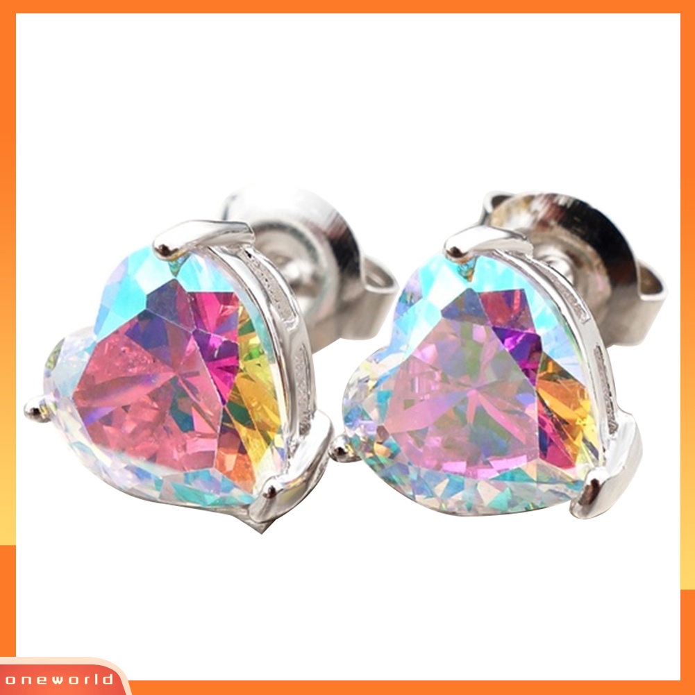 [WOD] Fashion Multi Warna Cubic Zirconia Heart Stud Earrings Wanita Pesta Perhiasan Hadiah