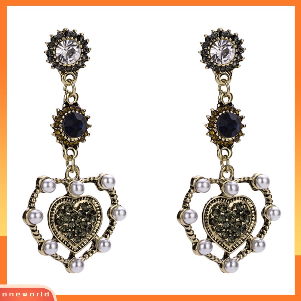 [WOD] Vintage Wanita Mutiara Imitasi Berlian Imitasi Jantung Telinga Drop Menjuntai Anting Perhiasan Hadiah