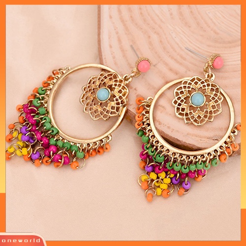 [WOD] Wanita Gaya Boho Warna-Warni Ukiran Berongga Telinga Drop Menjuntai Beads Piercing Earrings
