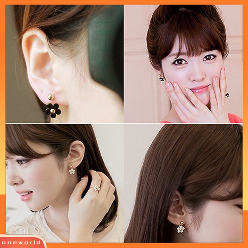 [WOD] Dua Pasang Wanita Daisy Golden Ball Petal Rear Wear Double Side Ear Stud Earrings