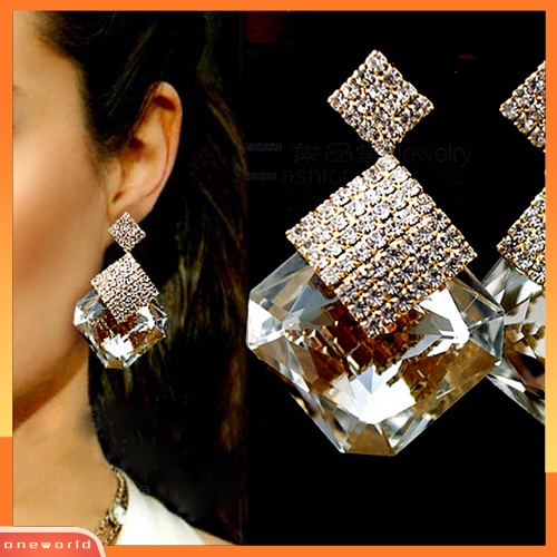 [WOD] Wanita Fashion Mewah Berkilau Besar Persegi Berlian Imitasi Liontin Drop Earrings