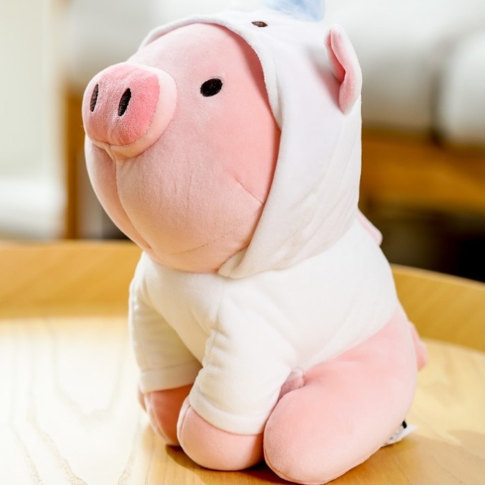 Boneka Babi Pink Lucu Plush - MINISO Sitting Piglet Plush Toy With Hat - Unicorn Hat