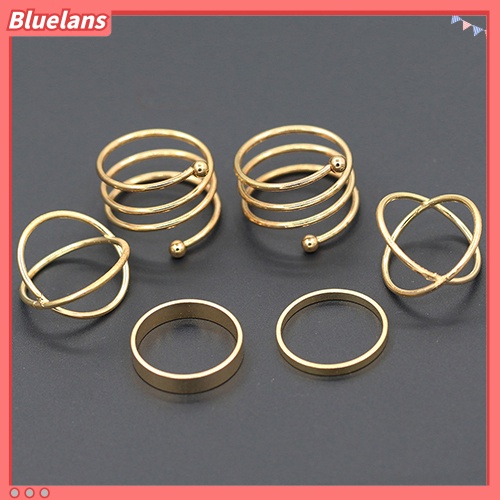 [BLS] 6pcs /Set Wanita Golden Tone Stack Polos Slim Band Midi Ring Spiral Knuckle Rings