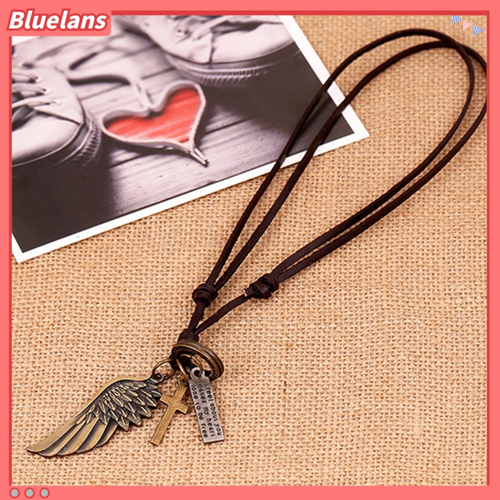 [BLS] Pria Kalung Vintage Adjustable Gaya Punk Tali Rantai Semua Pertandingan Dekorasi Faux Kulit Sapi Sayap Malaikat Pesona Liontin Kalung Perhiasan Untuk Pakaian Sehari-Hari