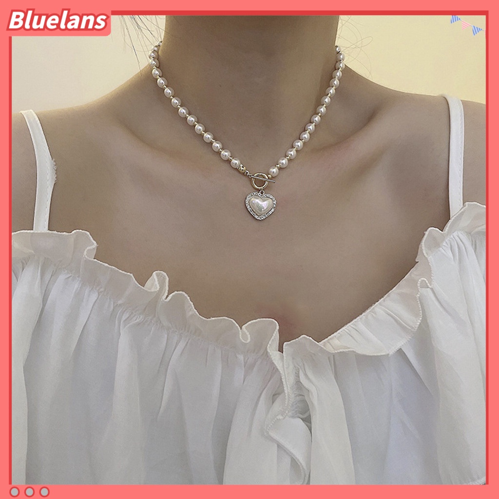 [BLS] Klavikula Kalung Elegan Jantung Shell Liontin Manik Manis Mengkilap Hias Hadiah Wanita Besar Putih Imitasi Mutiara Kalung Pesta Perhiasan