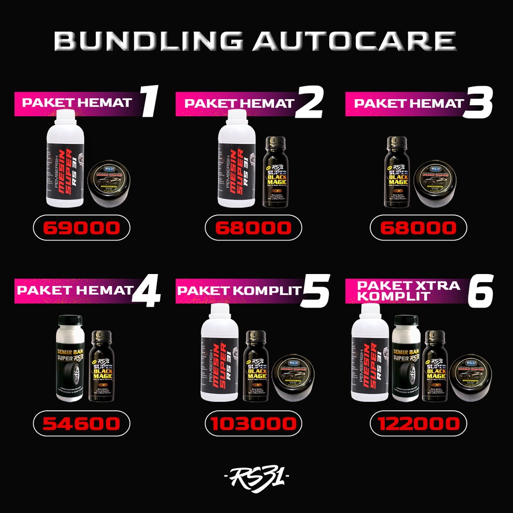 BUNDLING AUTOCARE RS31 | Pembersih Mesin Super-Penghitam Dashboard Black Magic-Semir Ban-Compound/Kompon Penghilang Baret Body Motor, Helm