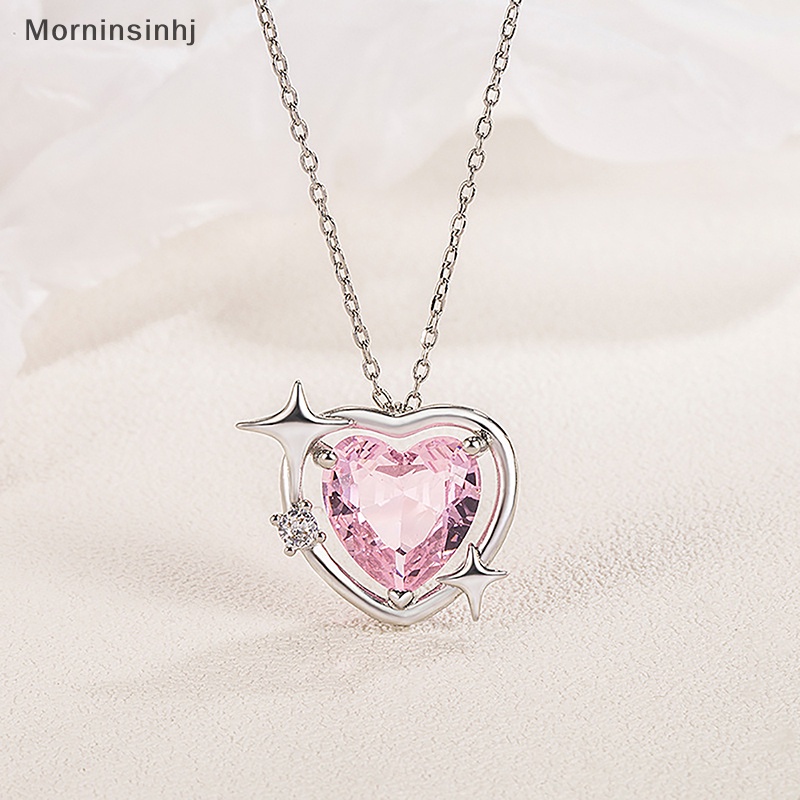 Mornin Gaya Korea Fashion Vintage Hollow Pink Kristal Jantung Liontin Warna Silver Kalung Rantai Leher Untuk Wanita Perhiasan Pernikahan id