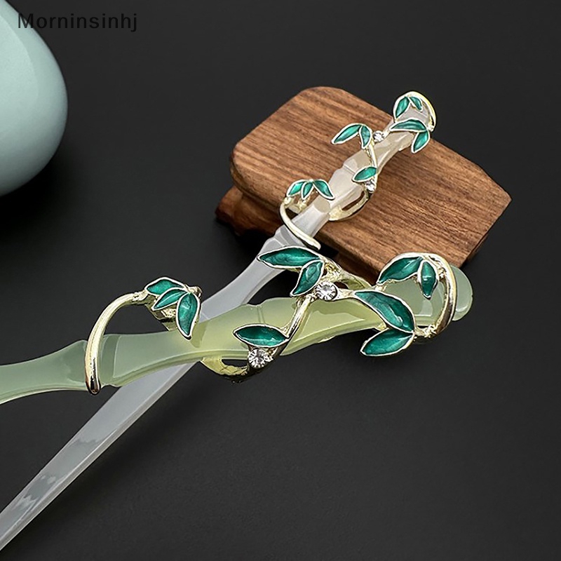 Mornin Korea Cina Hanfu Bambu Kristal Jepit Rambut Daun Hair Stick Gadis Hiasan Kepala Zirkon Braided Hair Clip Wanita Elegan Retro Akrilik id
