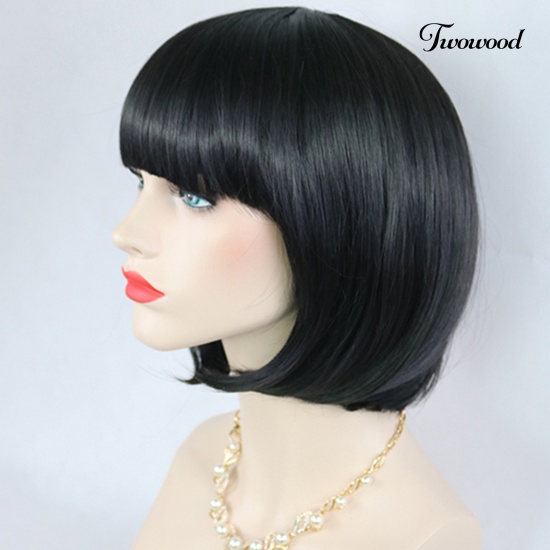 Twowood Fashion Wanita Pendek Lurus Bobo Dengan Poni Penuh Wig Cosplay Pesta Ekstensi