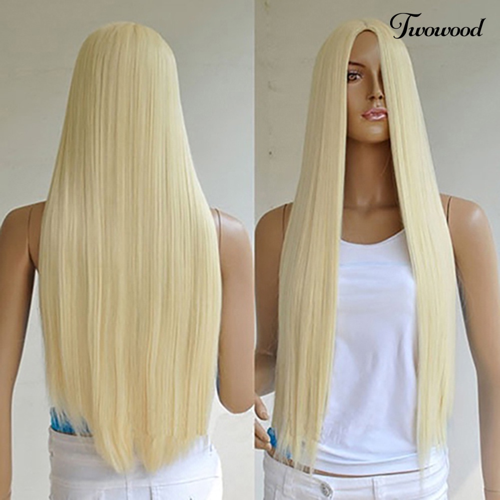 Twowood Wanita Panjang Lurus Full Wig Rambut Pirang Sintetis Ada Poni Cosplay Pesta