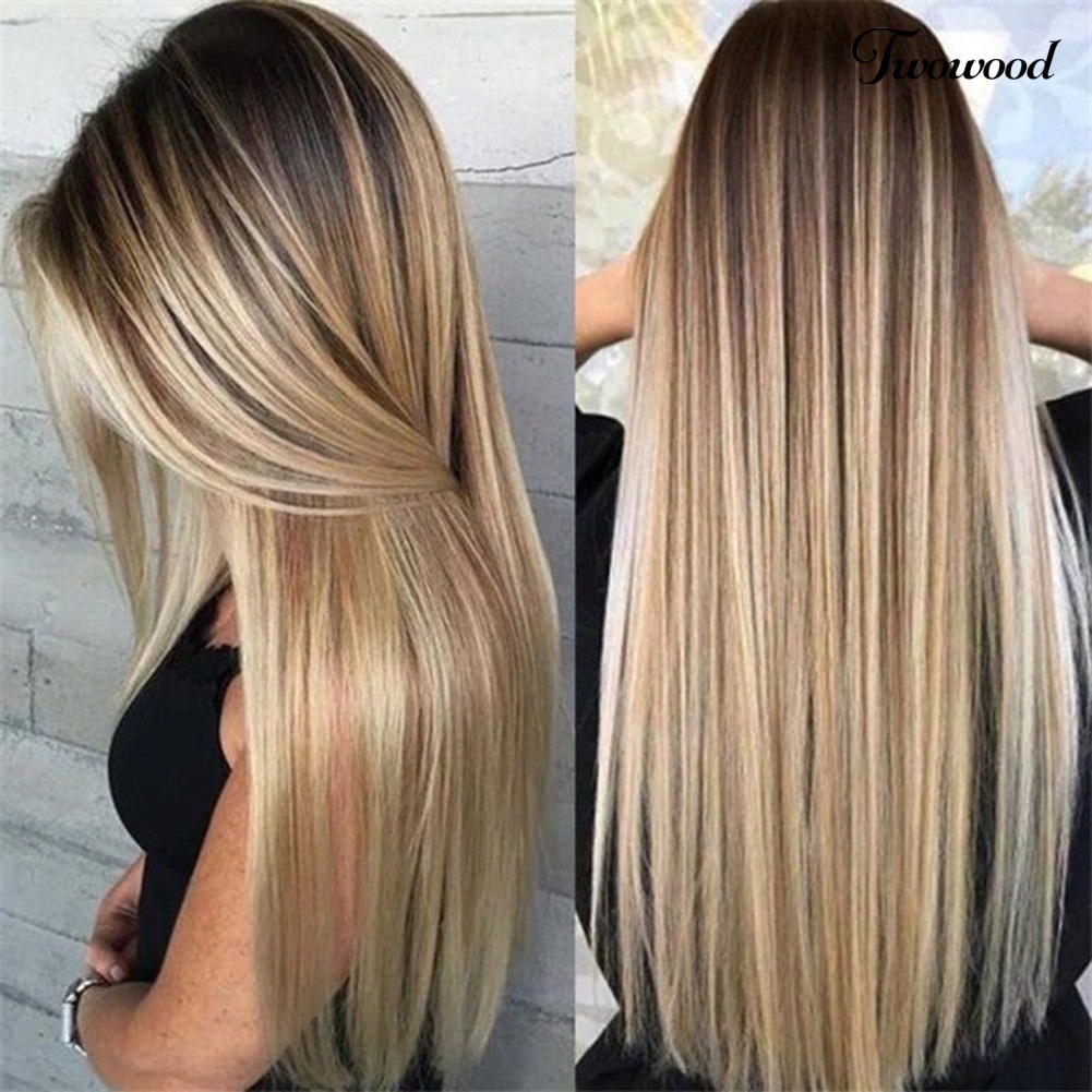 Twowood Long Wig Super Long Belah Tengah High Gloss Serat Suhu Tinggi Rambut Sintetis Golden Lurus Wig Untuk Perjamuan