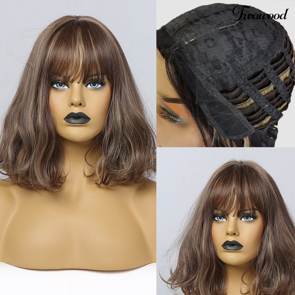 Twowood Wig Warna Gradasi Tahan Panas Coklat Wanita Berbulu Sopak Pendek Dengan Poni Untuk Pesta