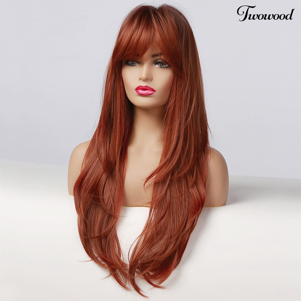 Wig Cosplay Twowood Dyed Halus Ringan Merah-Coklat Wig Poni Miring Lurus Panjang Untuk Kehidupan Sehari-Hari