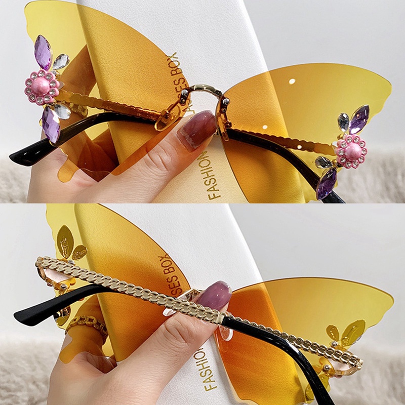 Desain Mewah Frameless Kristal Butterfly Sunglasses Vintage Brand Shades Untuk Wanita Kacamata Matahari Tanpa Bingkai Bling Diamond Eyewear