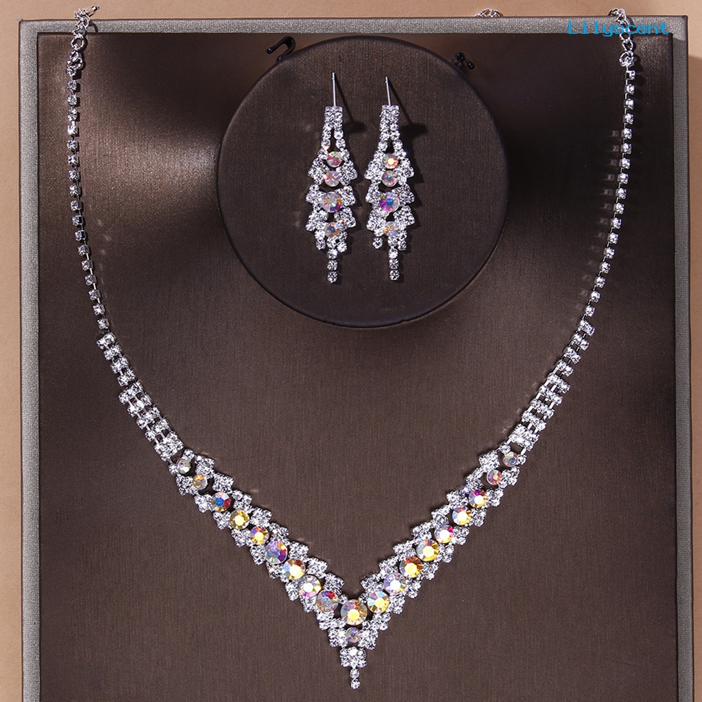 [LS]1 Set Kalung Pengantin Elegan Dainty Temperamen Mulia Berkilau Berwarna Berlian Imitasi Menjuntai Anting Kit Perhiasan Pernikahan