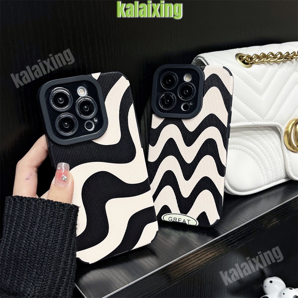 IPHONE Soft Case Kulit Garis Hitam Retro Untuk Iphone14Plus14 13 12 11 Pro Max X XR Xs Max7 8 Plus Dengan Perlindungan Lensa Back Cover