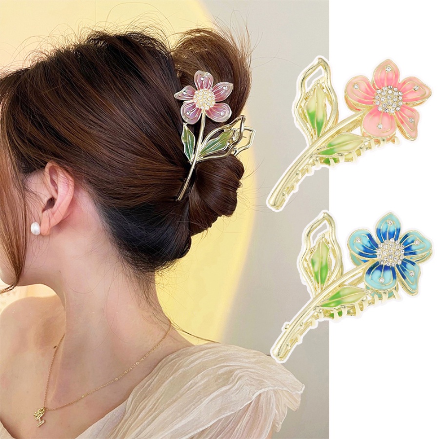 Korea Bunga Berlian Imitasi Klip Rambut Kristal Berlian Besar Jepit Rambut Ponytail Holder Woman Hair Accessories