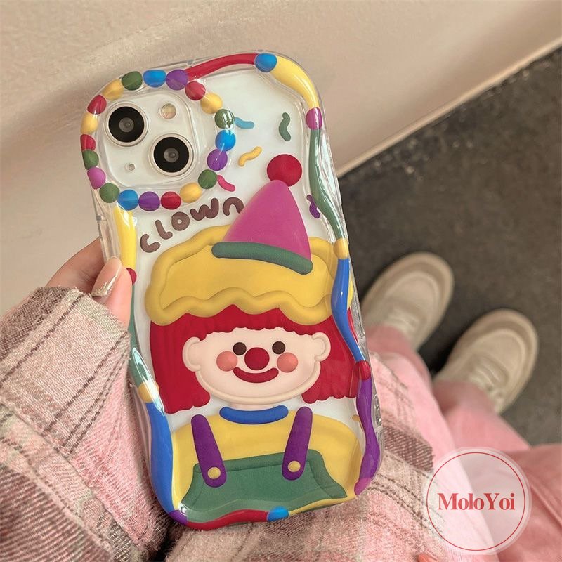 Casing Ponsel Lembut Tepi Melengkung Bergelombang 3D Kompatibel Untuk iPhone XR X XS Max6 7 6s 8plus 11 12 14 13 Pro Max SE 2020 Badut Kartun Lucu Korea Dengan Tali Tangan Gelang Lanyard Case