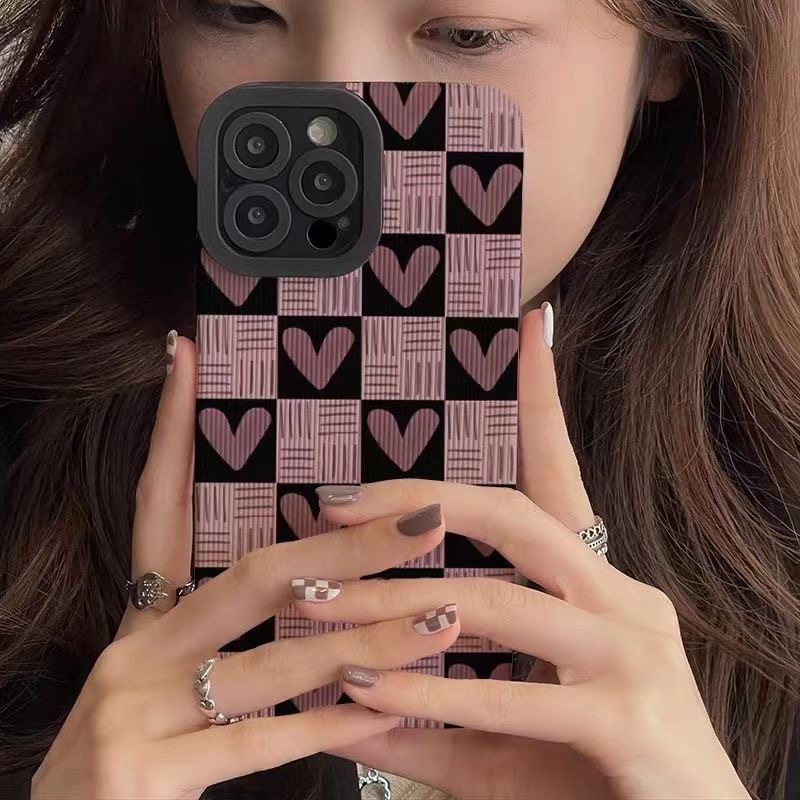 All New Checkered Pink Heart Leather Soft Case IPhone 7 Plus 8 Plus X XS XR XS Max 11 13 12 14 PRO Max 14 Plus SE Mini Phone Case Girl Girl Women's Fashion Pretty Case