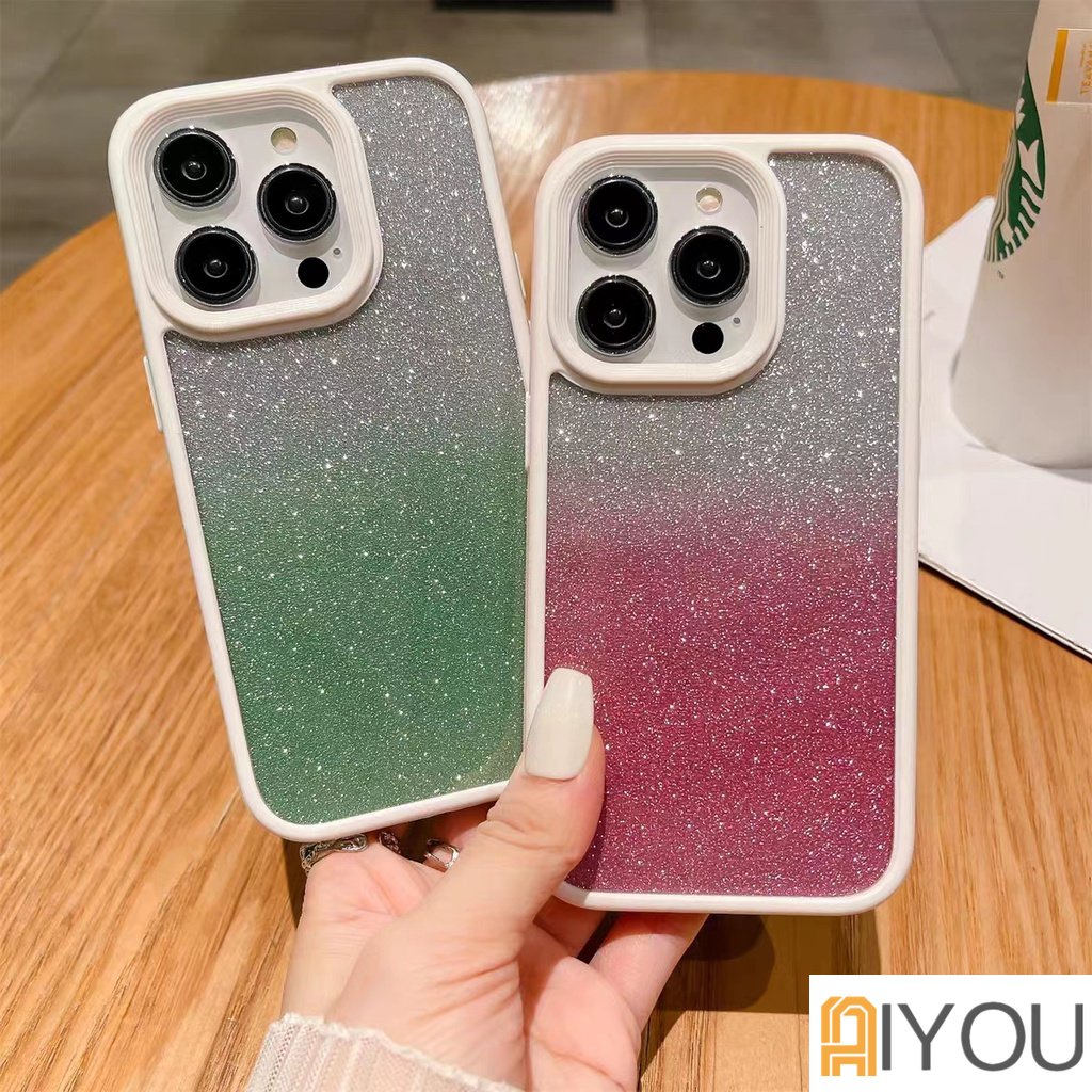 IPHONE Casing Ponsel Bling Glitter Warna Solid Untuk Iphone14 12 Pro Max13 11 Pro Max Gradasi Shiny Shockproof Hard Back Cover