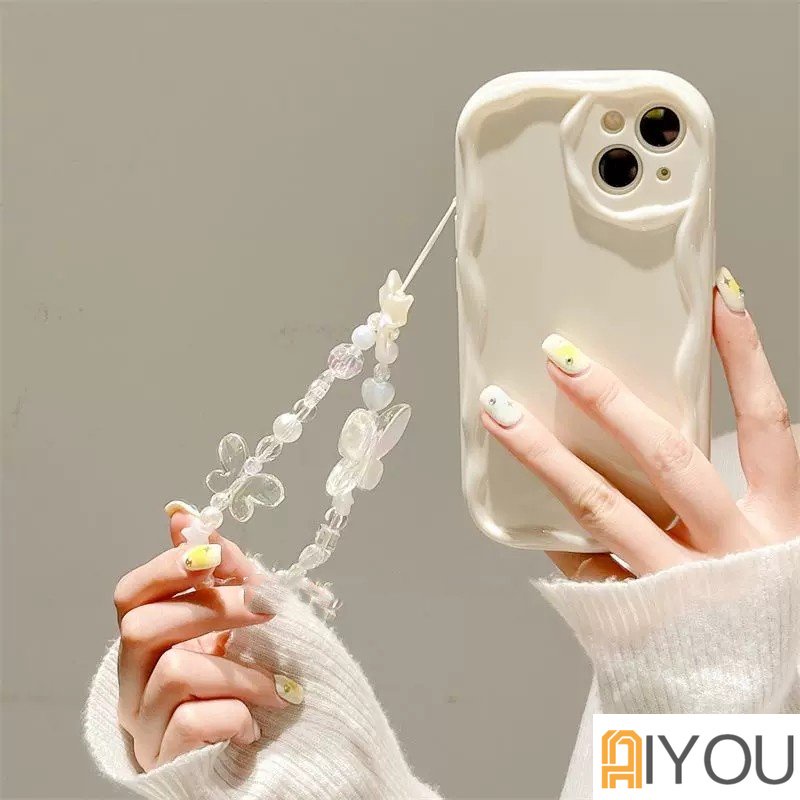 IPHONE Korea Lucu Mutiara Hati Kupu-Kupu Gelang Transparan Ponsel Case Untuk Iphone14 13 12 11 Pro XS Max X XR 78 Plus SE3 Shockproof Lanyard Soft Cover