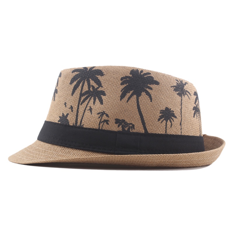 Topi Jazz Pria Palm Print Coconut Curly Straw hat Liburan Topi Matahari Pantai