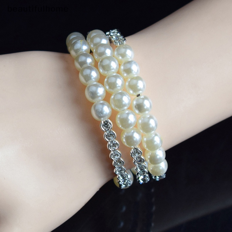 {beautifulhome} Gelang Mutiara Imitasi Kristal Elegan Multilayer Gelang Mutiara Stretchable Pearl Bracelet Untuk Wanita Hadiah Perhiasan Pengantin.