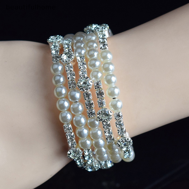 {beautifulhome} Gelang Mutiara Imitasi Kristal Elegan Multilayer Gelang Mutiara Stretchable Pearl Bracelet Untuk Wanita Hadiah Perhiasan Pengantin.