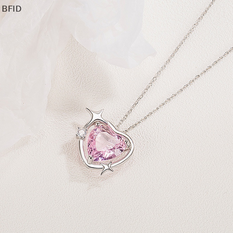 [BFID] Gaya Korea Fashion Vintage Hollow Pink Kristal Jantung Liontin Warna Perak Kalung Rantai Leher Untuk Wanita Perhiasan Pernikahan [ID]