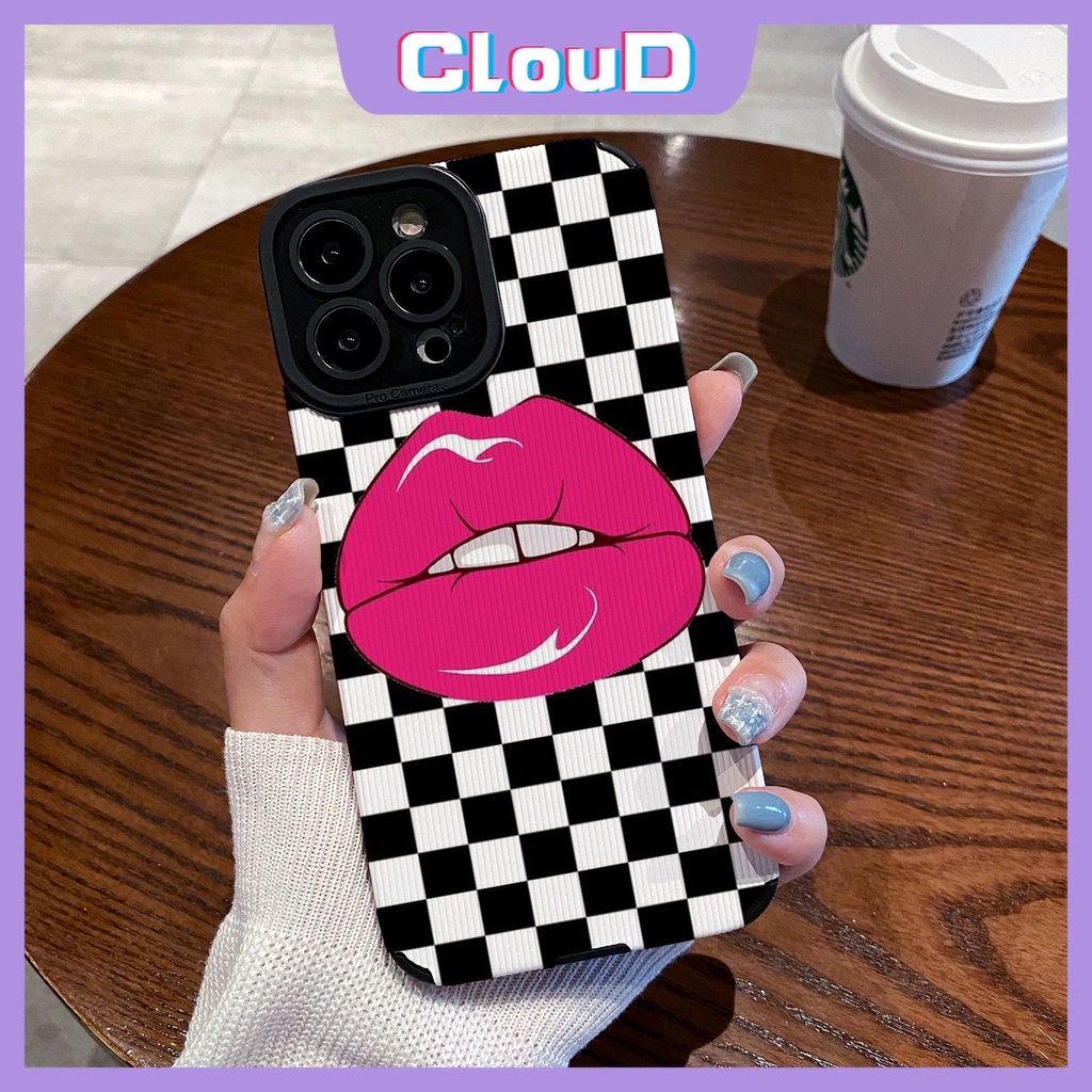 IPHONE Ins Kotak-Kotak Merah Kisses Lips Phone Case Kompatibel Untuk Iphone13 12 11 14 Pro MAX XR XS X MAX 7Plus 8 7 Plus Tekstur Kulit Mewah Shockproof Soft Cover