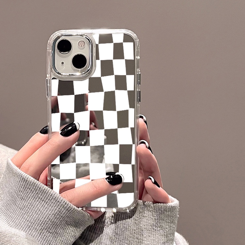 IPHONE Casing Ponsel Cermin Kotak-Kotak Sederhana Kompatibel Untuk Iphone11 12 13 14 12Pro 13Pro 14Pro Pro Max XR X XS Max Electroplating Tombol Perlindungan Mirror Cover