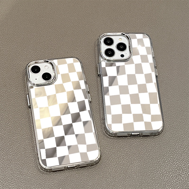 IPHONE Casing Ponsel Cermin Kotak-Kotak Sederhana Kompatibel Untuk Iphone11 12 13 14 12Pro 13Pro 14Pro Pro Max XR X XS Max Electroplating Tombol Perlindungan Mirror Cover