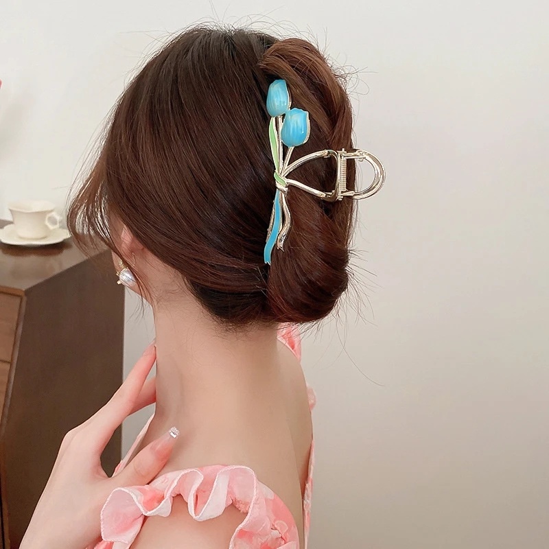 Fashion Trendi Wanita Besar Desain Bunga Tulip Rambut Cakar Klip Gadis Elegan Peri Hiu Klip Temperamen Jepit Rambut Aksesoris Rambut