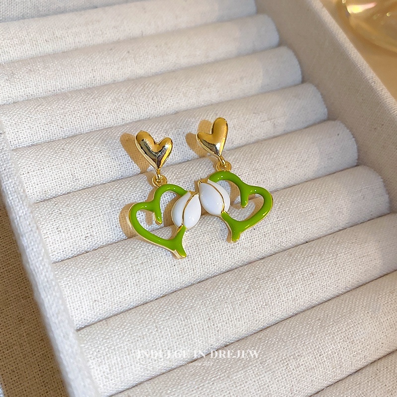 Korea Musim Panas Hijau Gadis Manis tulip Menjuntai Jantung Anting Telinga Studs Aksesori Fashion