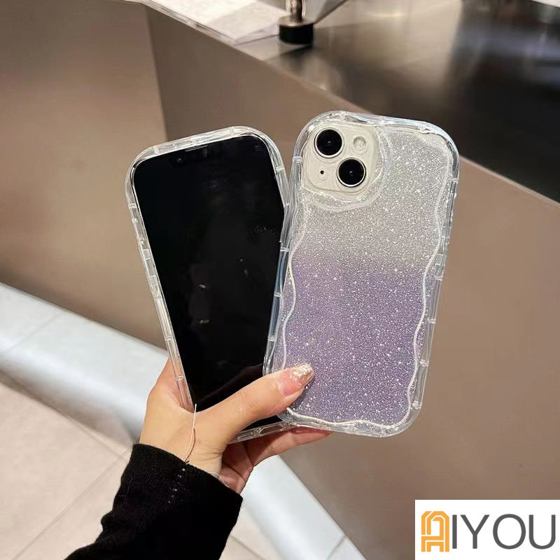 IPHONE Ins Gradiasi Glitter Bening Ponsel Case Untuk Iphone14 13 12 11 Pro Max X XR Xs7 8 Plus S2022 Curly Wavy Frame Shockproof Cover