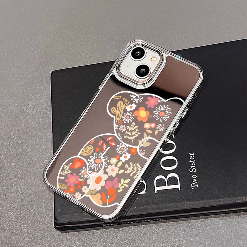 IPHONE Casing Ponsel Cermin Beruang Bunga Kompatibel Untuk Iphone11 12 13 14 12Pro 13Pro 14Pro Pro Max XR X XS Max Electroplating Tombol Perlindungan Mirror Cover