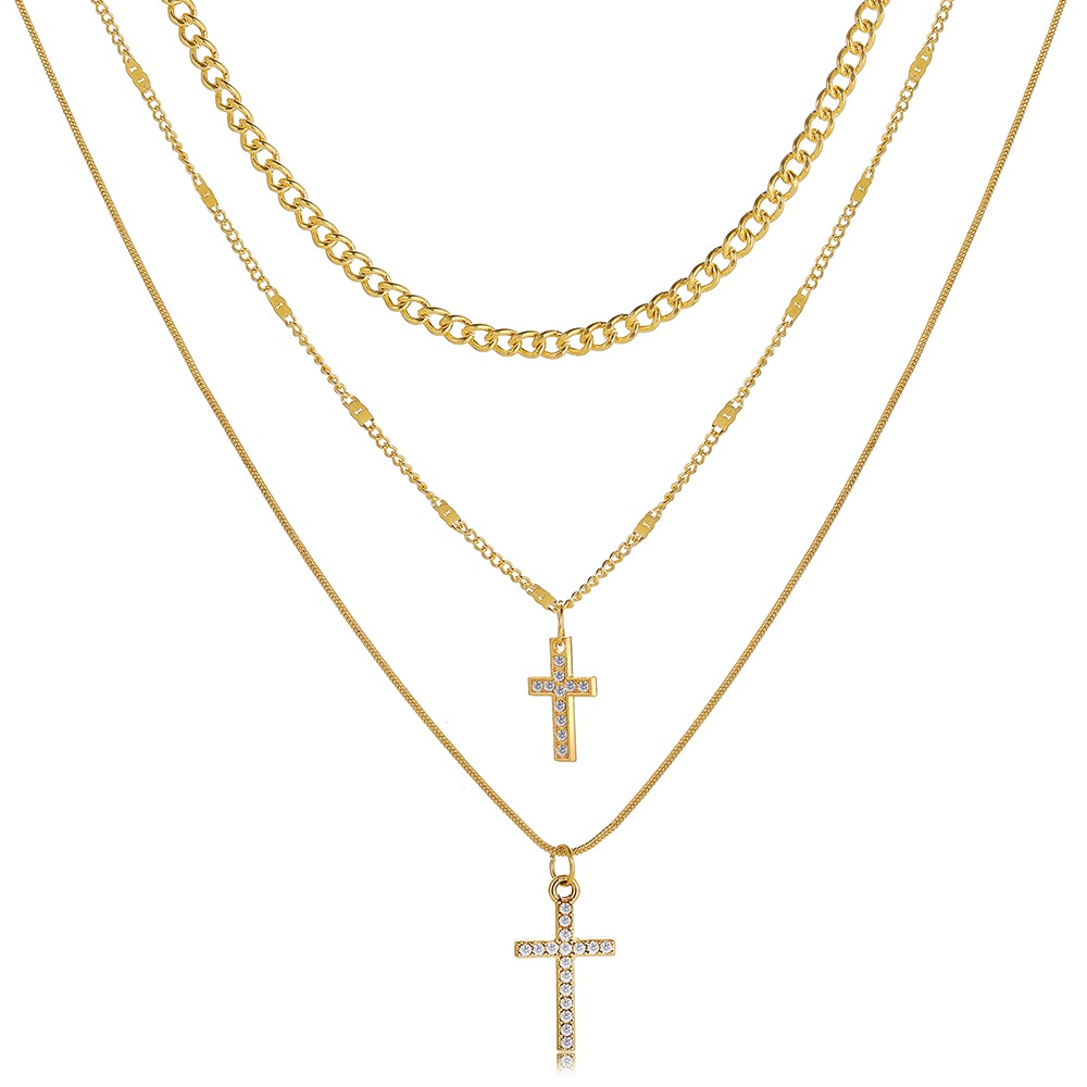 Kalung Liontin Salib Multilayer Warna Emas Sederhana Untuk Wanita Perhiasan Logam Rantai Klavikula Choker