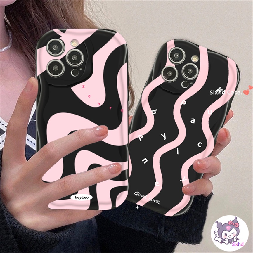 Oppo A78 A16 A15 A17 A57 A54 A17K A76 A77s A95 A74 A53 A33 A32 A5s A3s A9 A7 A5 A12 A96 A94 A93 A11K Fashion Hitam Garis Pink 3D Tepi Melengkung Gelombang Perlindungan Lensa Glossy Casing Ponsel Lembut