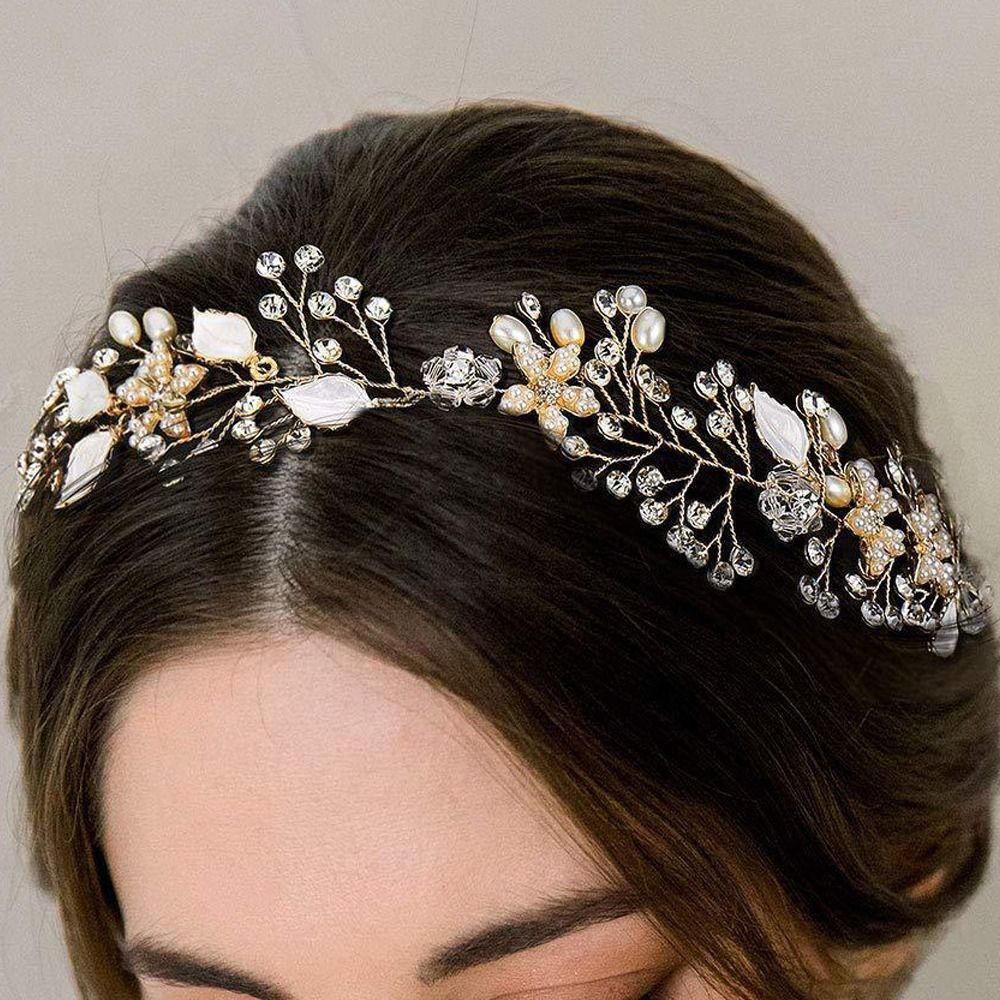 Lily Pearl Hair Vine, Aksesoris Rambut Bando Pengantin Wanita, Perhiasan Tiaras Berlian Imitasi Buatan Handmade Leaf Flower Hair Band Untuk Anak Perempuan
