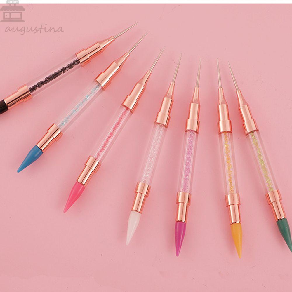 AUGUSTINA Agustina Berlian Imitasi Kuku Bor Pena DIY Ultra-Tipis Nail Art Dotting Hook Bunga Kepala Ganda Kristal Alat Manikur