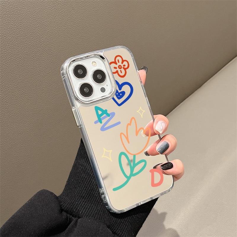 IPHONE Casing Ponsel Cermin Graffiti Kompatibel Untuk Iphone11 12 13 14 12Pro 13Pro 14Pro Pro Max XR X XS Max Electroplating Tombol Perlindungan Mirror Cover