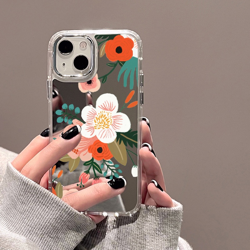 IPHONE Lukisan Bunga Cermin Ponsel Case Kompatibel Untuk Iphone11 12 13 14 12Pro 13Pro 14Pro Pro Max XR X XS Max Electroplating Tombol Perlindungan Mirror Cover