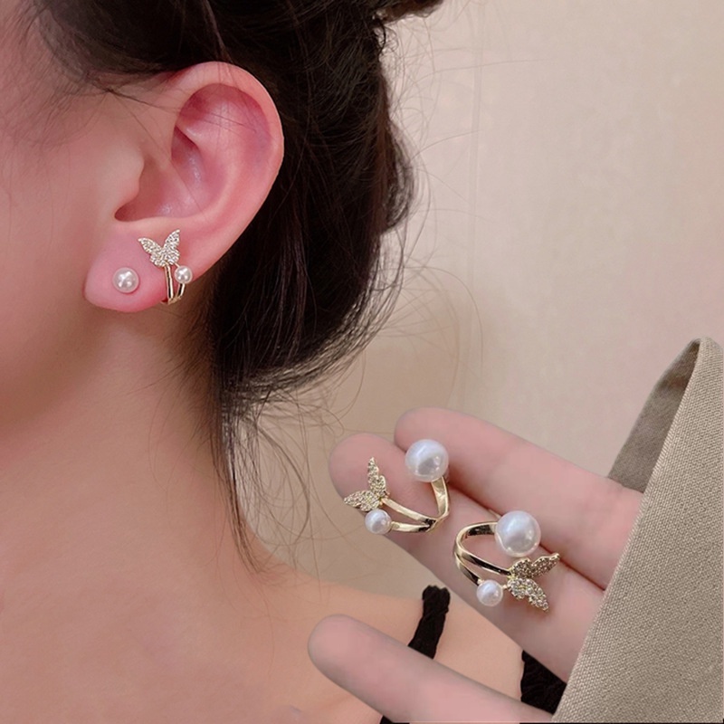 Korea INS Zirkon Kupu-Kupu Stud Earrings Fashion Gadis Elegan Simulasi Mutiara Berlian Imitasi Anting Pernikahan Perhiasan Aksesoris Pesta