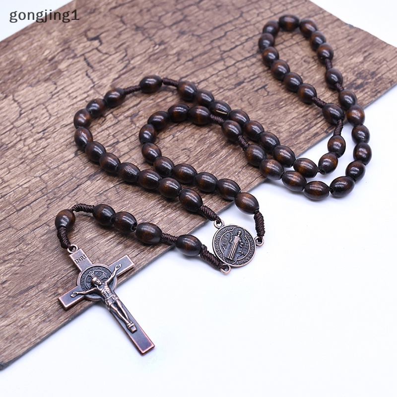 Ggg Vintage Salib Yesus Katolik Kayu Beads Perhiasan Kalung Liontin Doa Religi ID