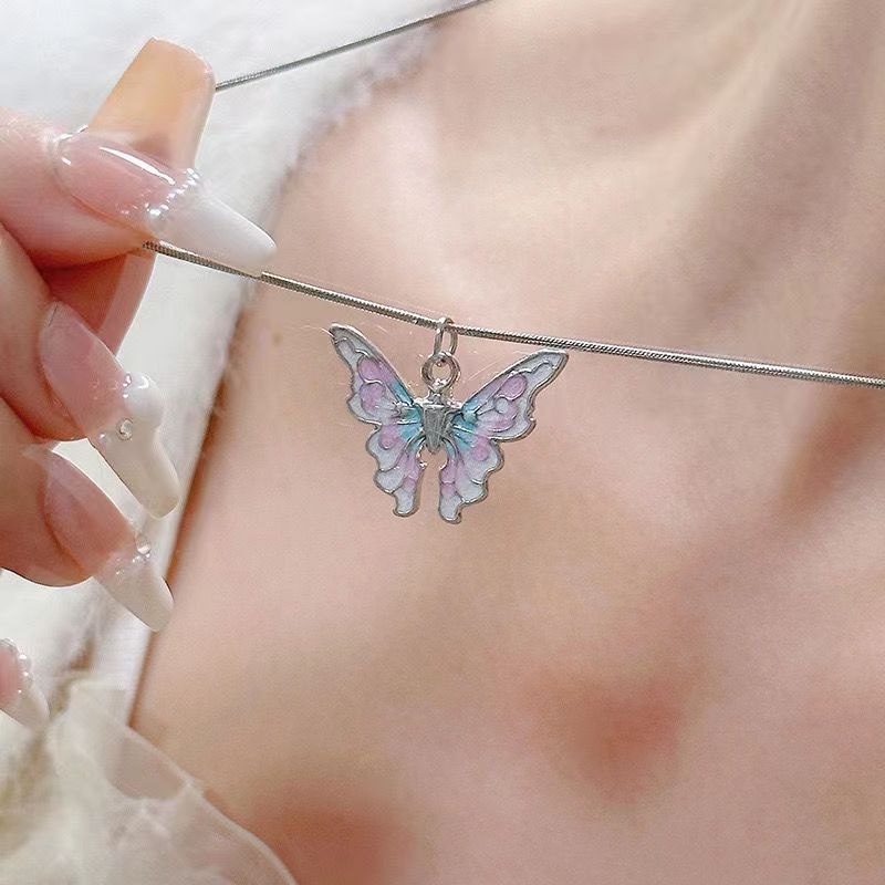 Xiaohongshu Gaya Yang Sama Drip Glaze Butterfly Kalung Perempuan Segar Manis Lembut Temperamen ins Niche Desain Rantai Klavikula