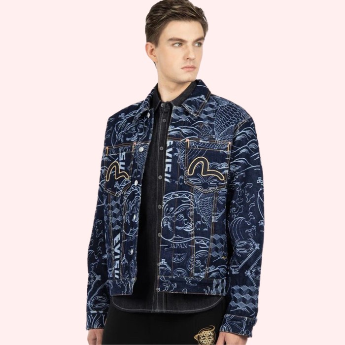 Evisu All-over Japanese Pattern Jacquard Denim Trucker Jacket Size XL