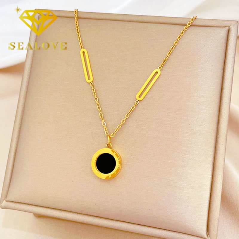 Kalung Titanium Anti Karat Romawi Bulat Hitam Korea Aesthetic Emas 18K Aksesoris Wanita Perhiasan Necklace