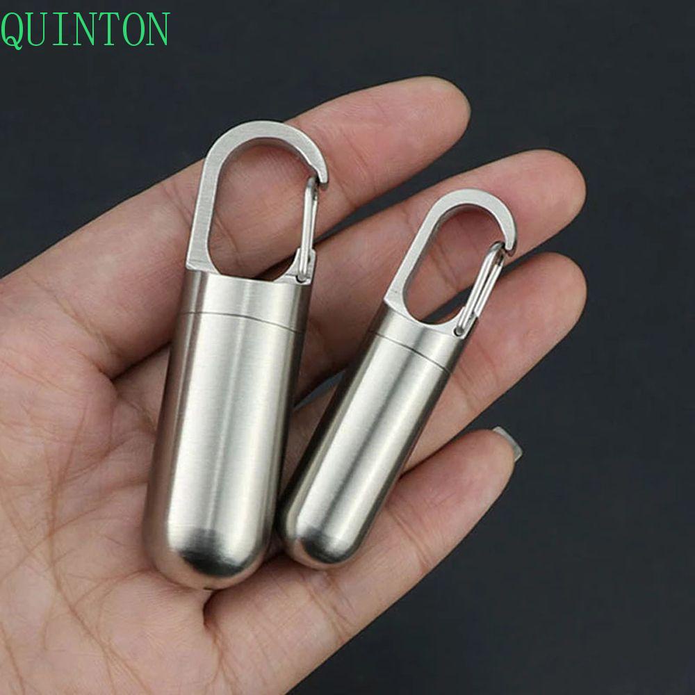 QUINTON Kotak Pil Obat Disegel Pria Gantungan Kunci Tahan Air Stainless Steel Gantung Gesper Kapsul Organizer