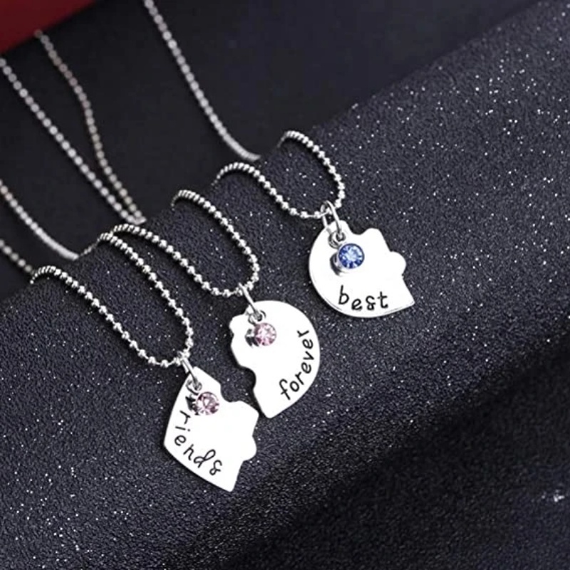 3 /4 Pcs Cinta Berbentuk Hati Puzzle Kalung Perhiasan Wanita Gadis Persahabatan Liontin Leher Rantai Berlian Imitasi Kreatif Kalung Sahabat