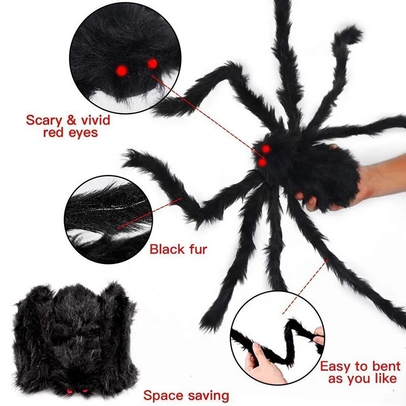 30cm /75cm /125cm Oversized Black Plush Spider/Alat Peraga Dekorasi Jaring Laba-Laba Raksasa Luar Ruangan/ Halloween Colorful Spider Horror Party Decoration/ Mainan Prank Anak Kreatif/